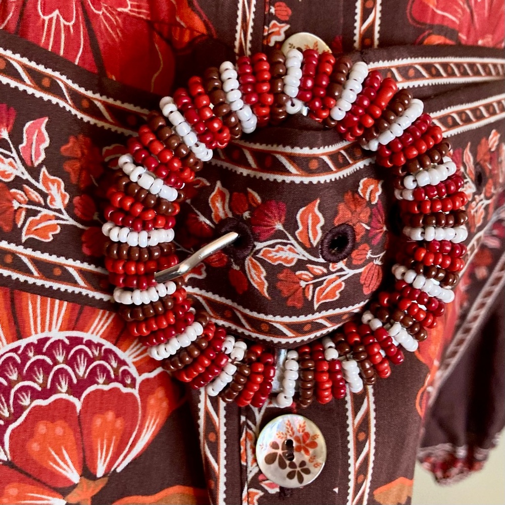 SOLD FARM Rio Gigi Tapestry Brown Mini Dress Beaded Buckle Red Floral Size L - Picture 10 of 16